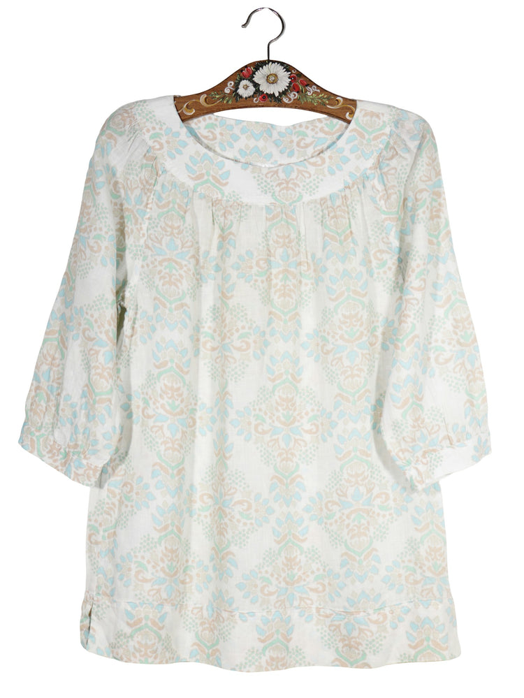Camasa Lands' End alb cu imprimeu pastel bleu, bej si verde mărime M vedere din față second-hand premium