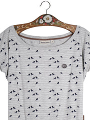 Tricou Naketano gri deschis cu imprimeu bleumarin mărime L detaliu material și croială second-hand premium
