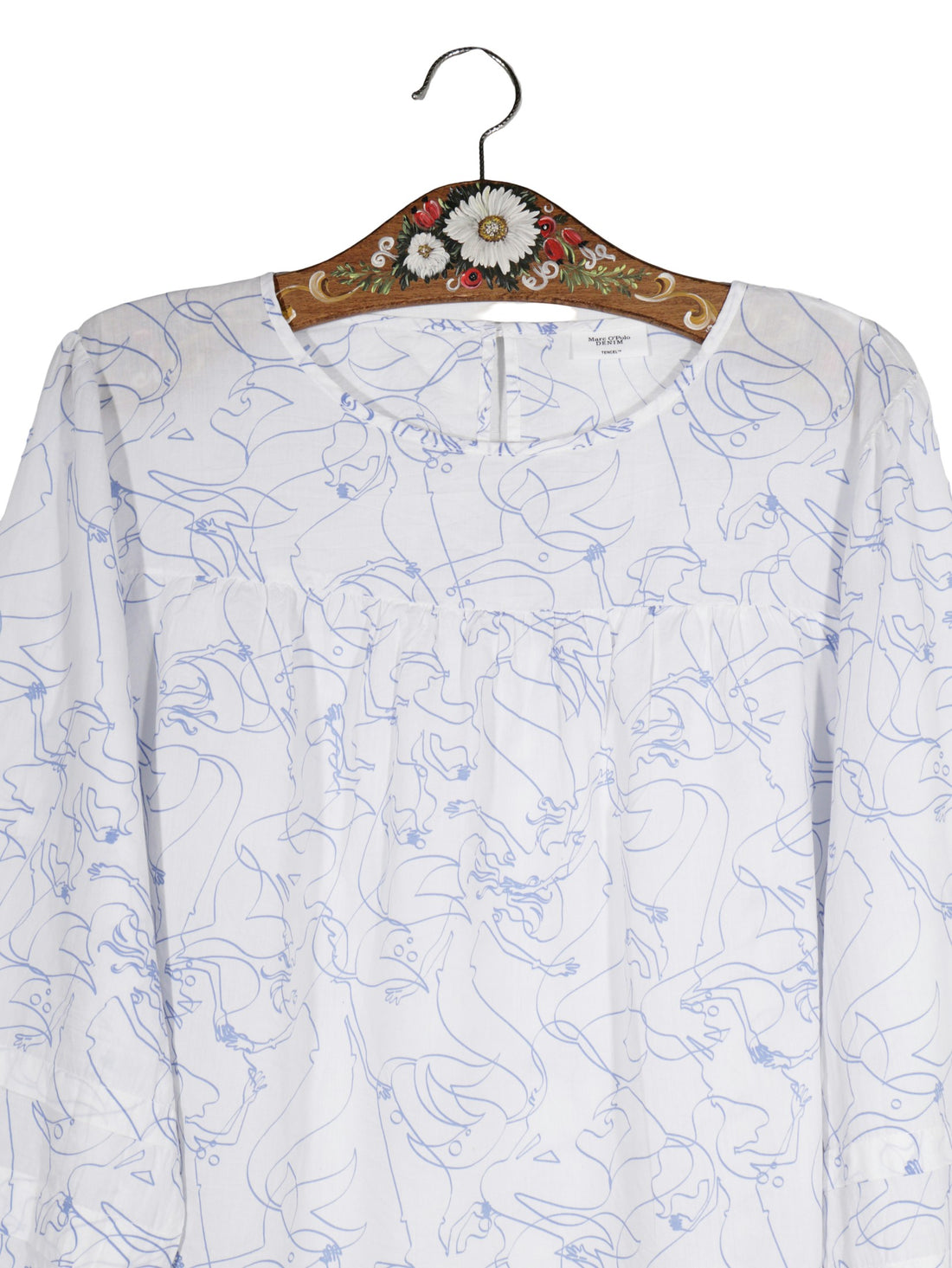 Bluza Marc O'Polo DENIM alb cu imprimeu albastru deschis mărime L detaliu material și croială second-hand premium