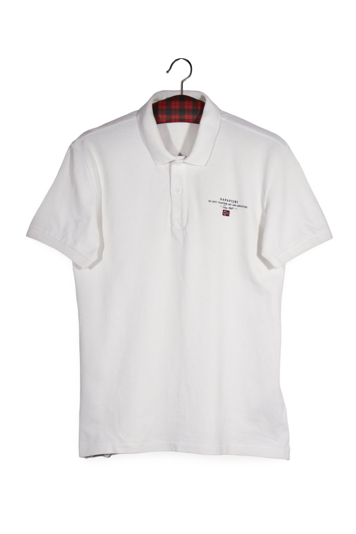 Tricou - Napapijri polo alb cu detaliu caroiat la guler – M – Bărbați - fata