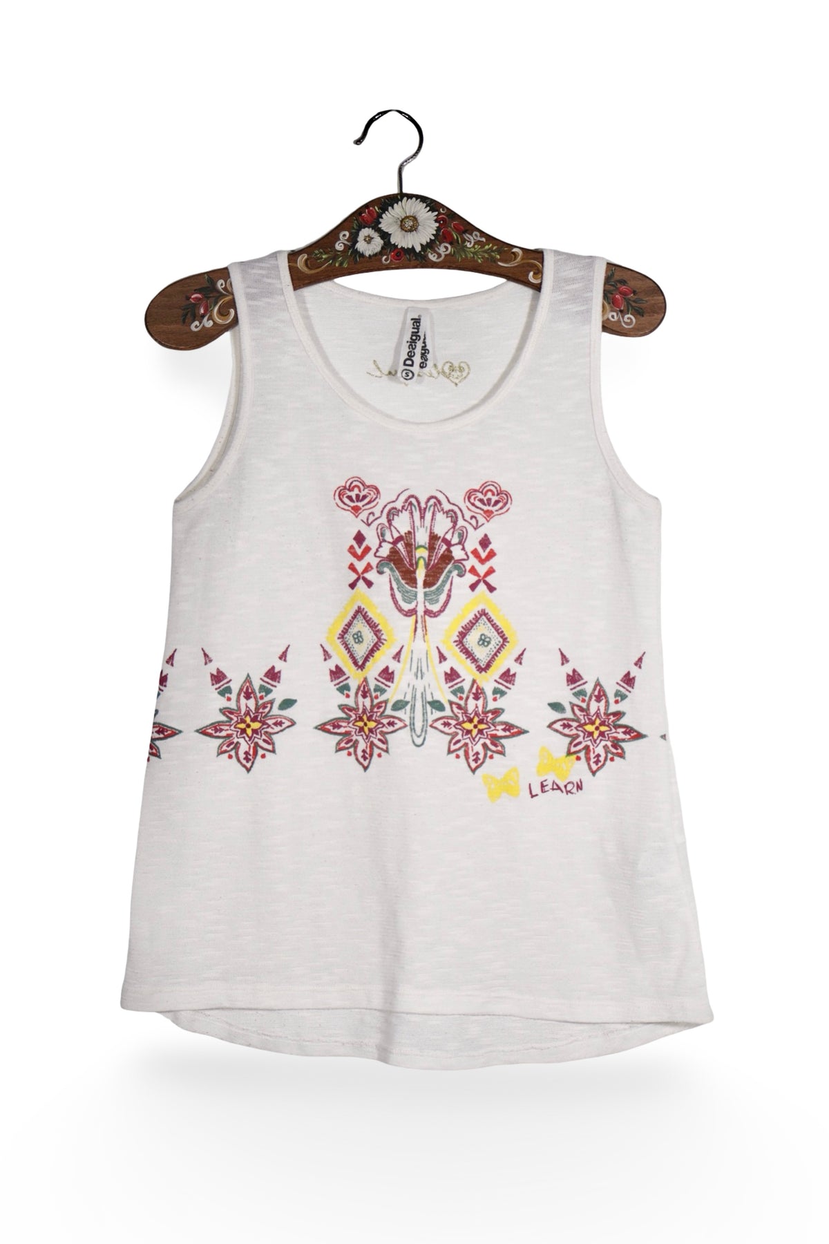 Top - Desigual alb cu imprimeu ornamental colorat – M – Femei - fata