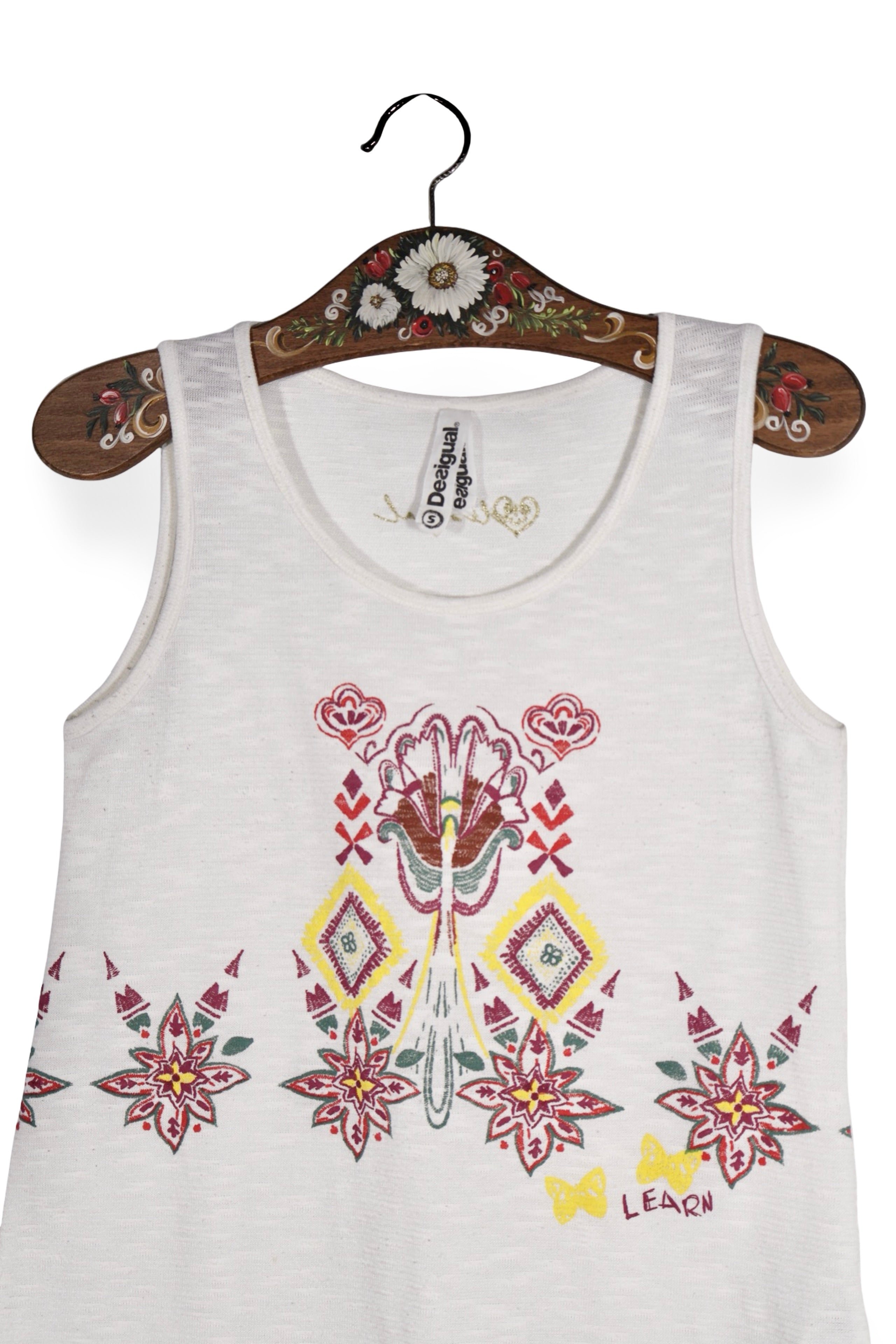 Top - Desigual alb cu imprimeu ornamental colorat – M – Femei - detaliu