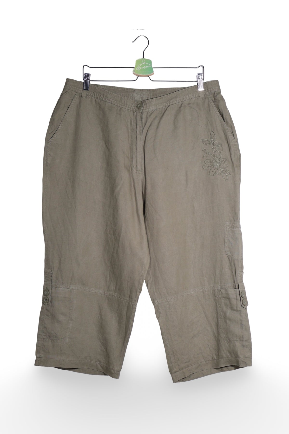 Pantaloni - Alte Branduri cargo kaki din in, cu broderie florala – XL – Femei - fata