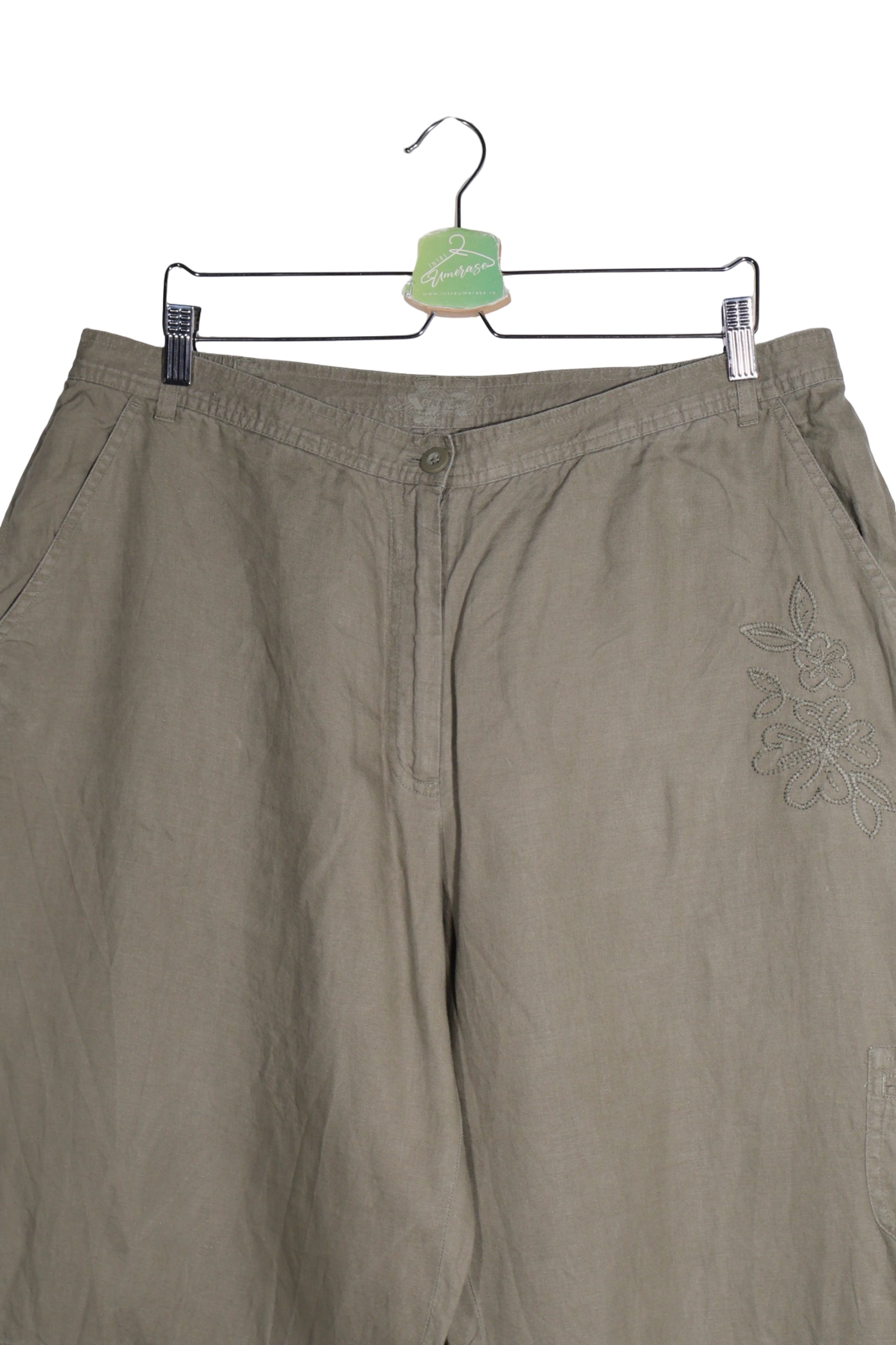 Pantaloni - Alte Branduri cargo kaki din in, cu broderie florala – XL – Femei - detaliu