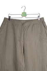 Pantaloni - Alte Branduri cargo kaki din in, cu broderie florala – XL – Femei - detaliu