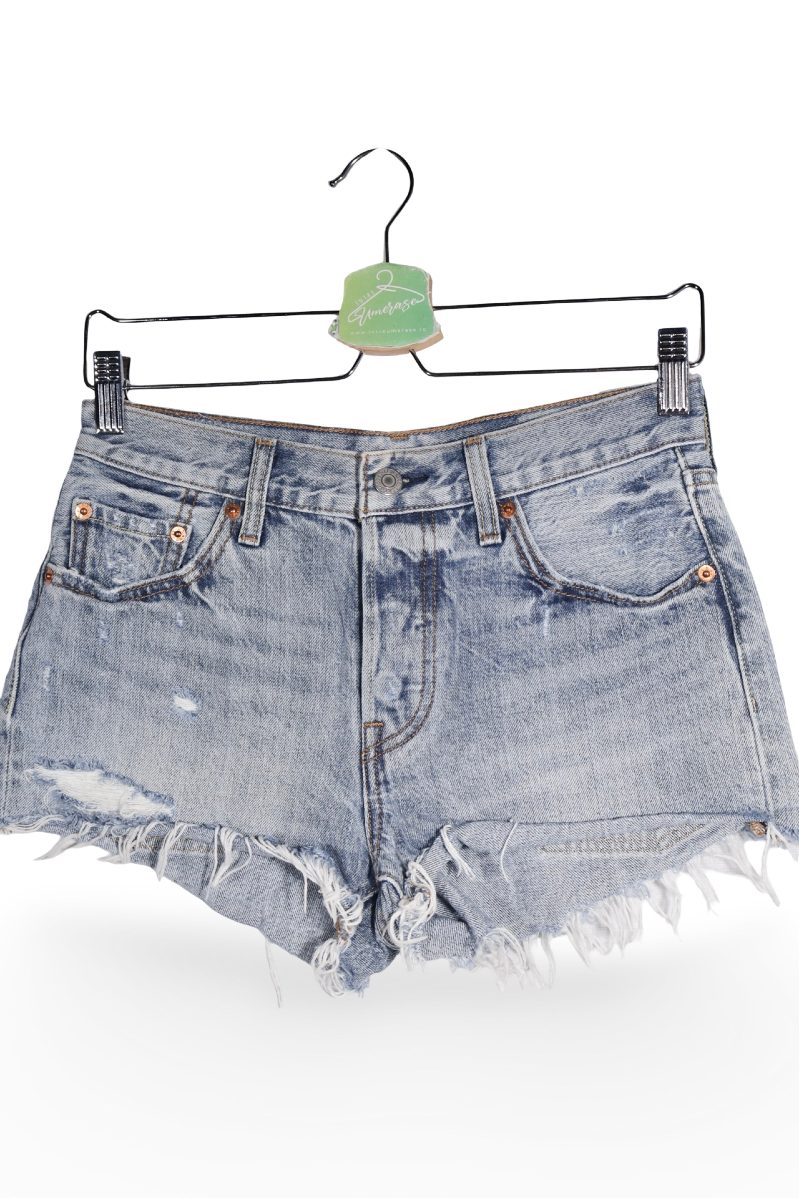 Blugi scurți - Levi's blugi scurti bleu decolorați, tiv franjurat – XS – Femei - detaliu