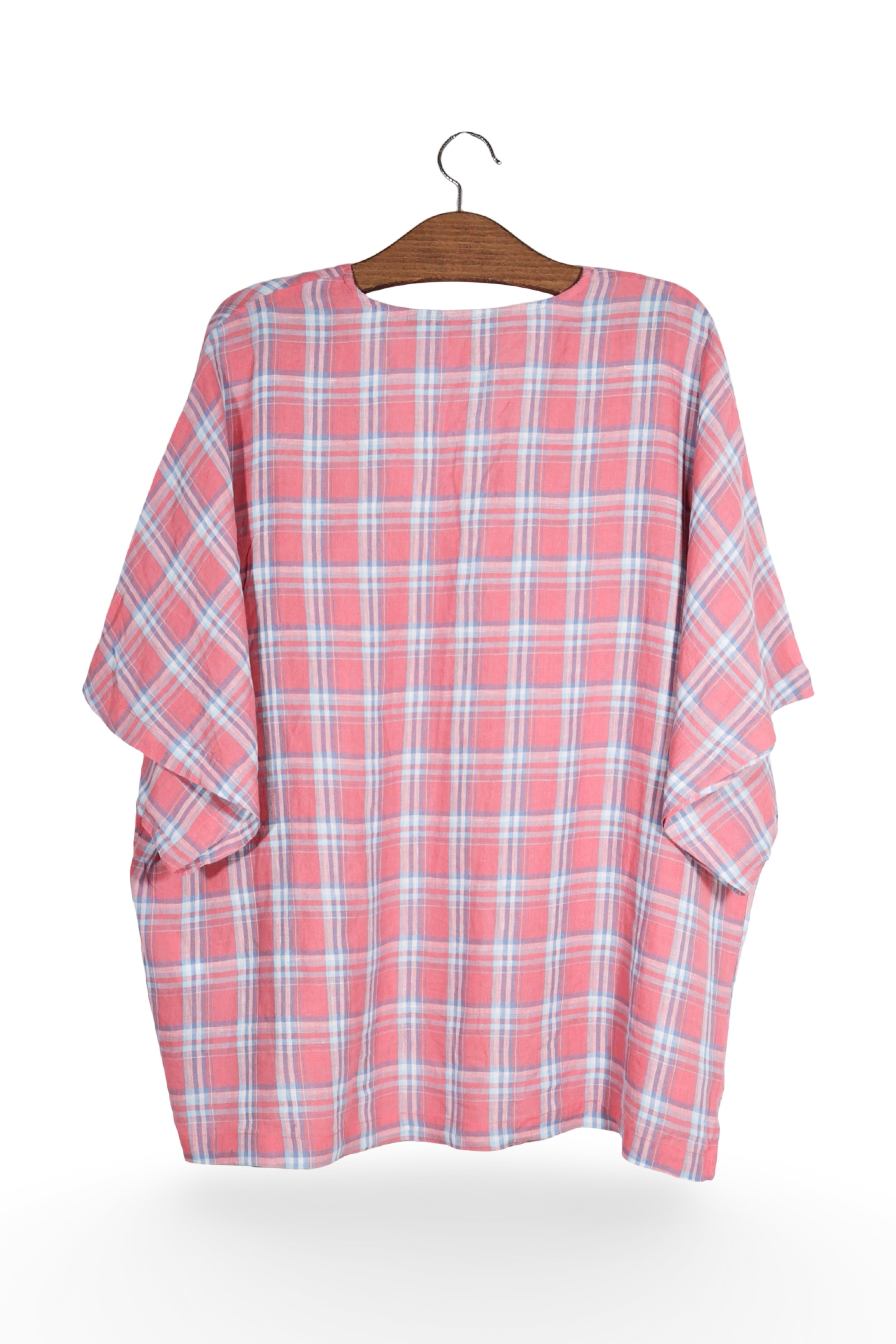 Bluză - Vintage carou roz din in – 3XL – Femei - spate