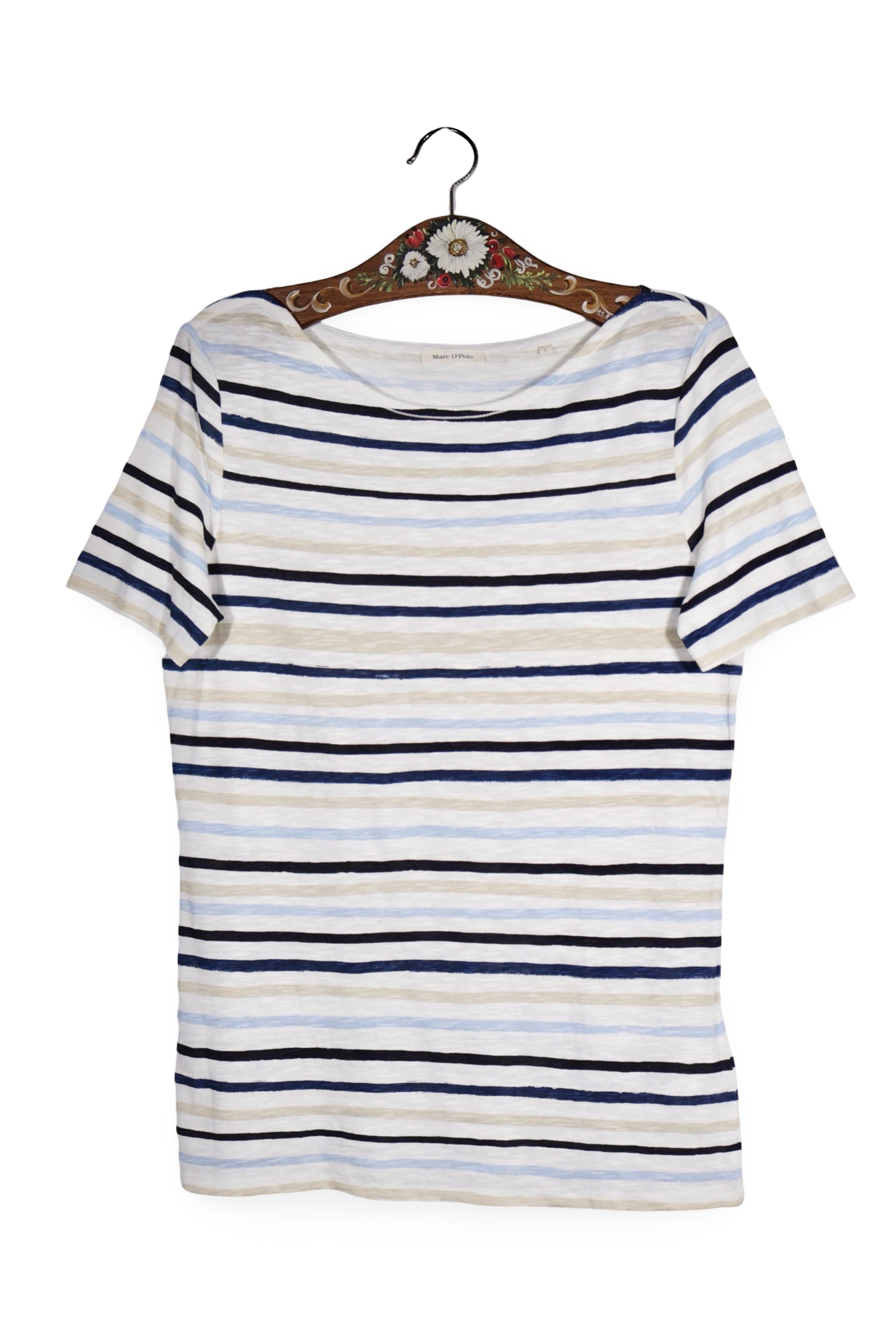Tricou - Marc O'Polo alb cu dungi marine texturate – L – Femei - fata