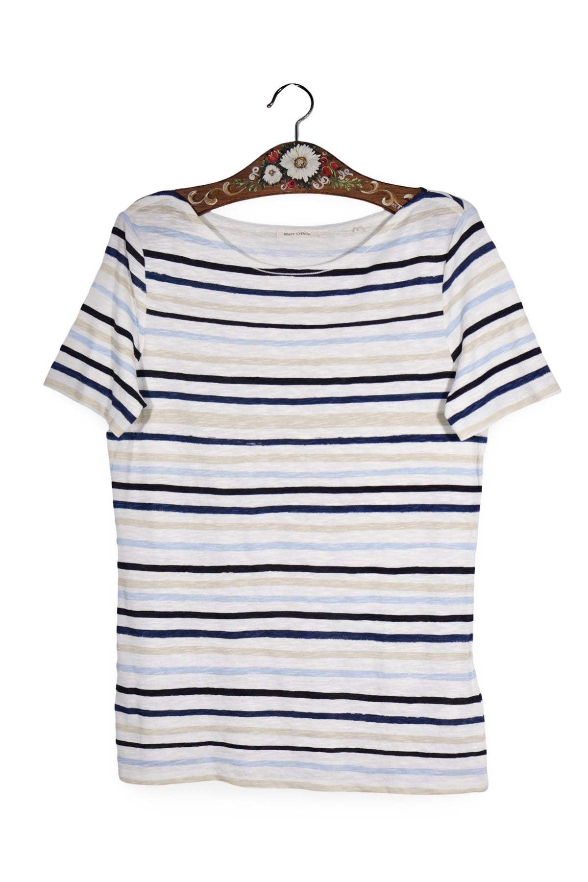 Tricou - Marc O'Polo alb cu dungi marine texturate – L – Femei - fata