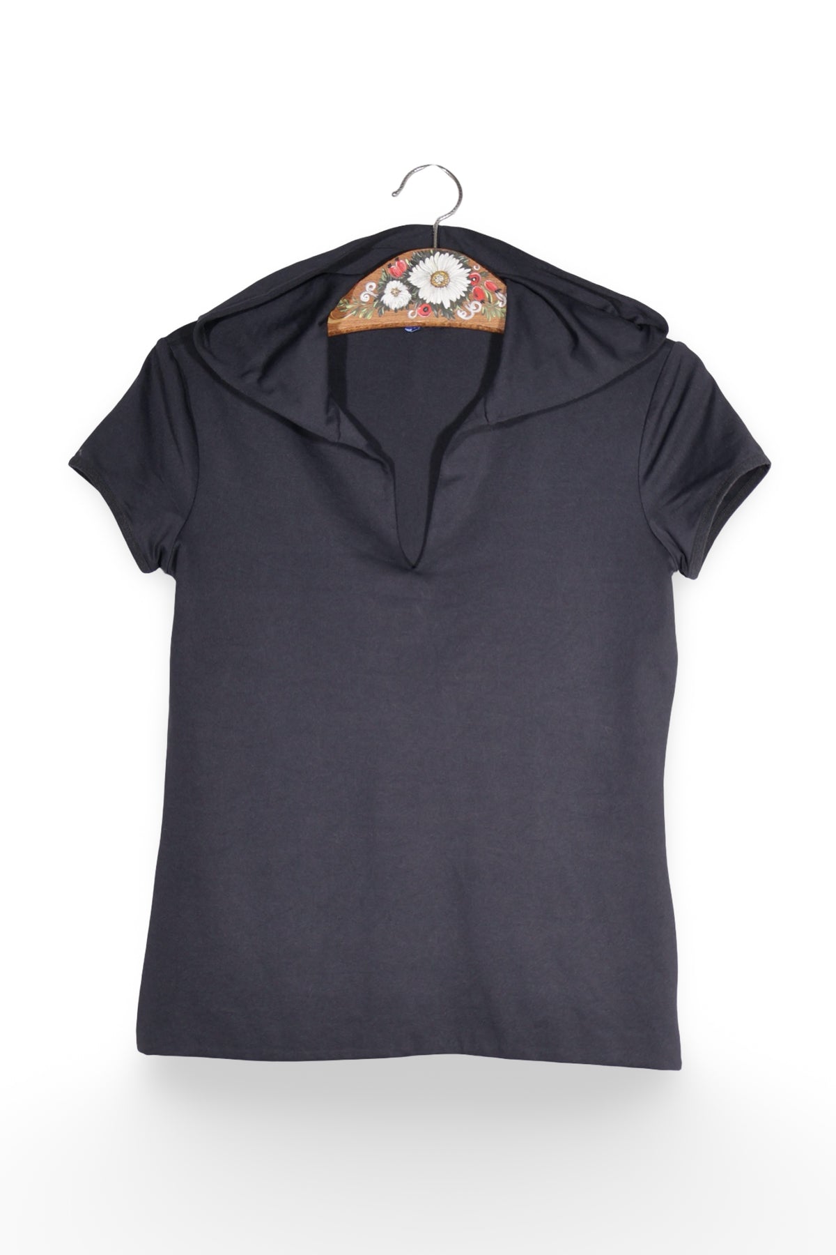 Top - Escada negru cu gluga si decolteu adanc – S – Femei - fata