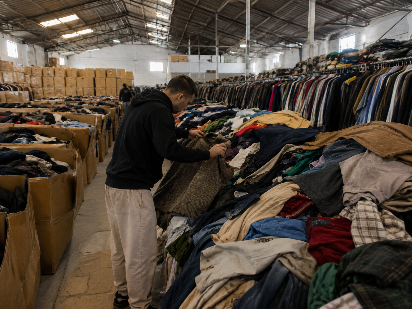 Persoană care verifică o jachetă într-un depozit cu haine second-hand