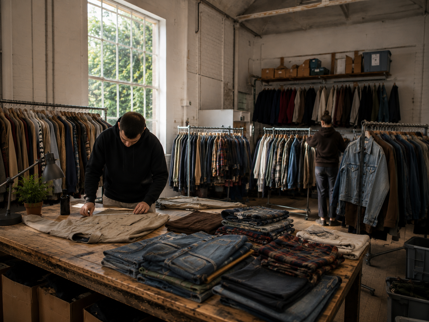 Haine second-hand organizate pe umerașe și rafturi într-un atelier luminos