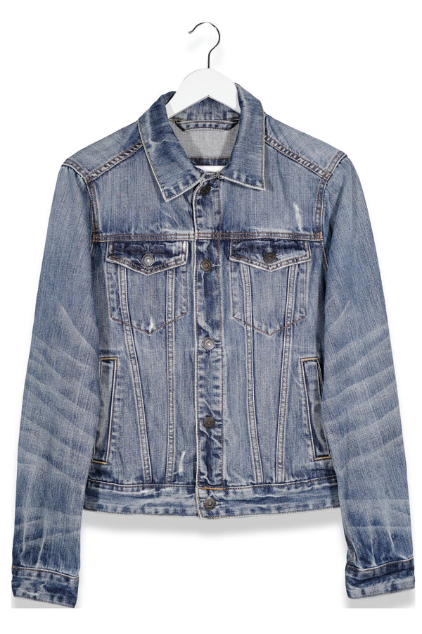 Geacă Abercrombie & Fitch cu închidere cu capse, guler ascuțit din denim – S – Bărbați