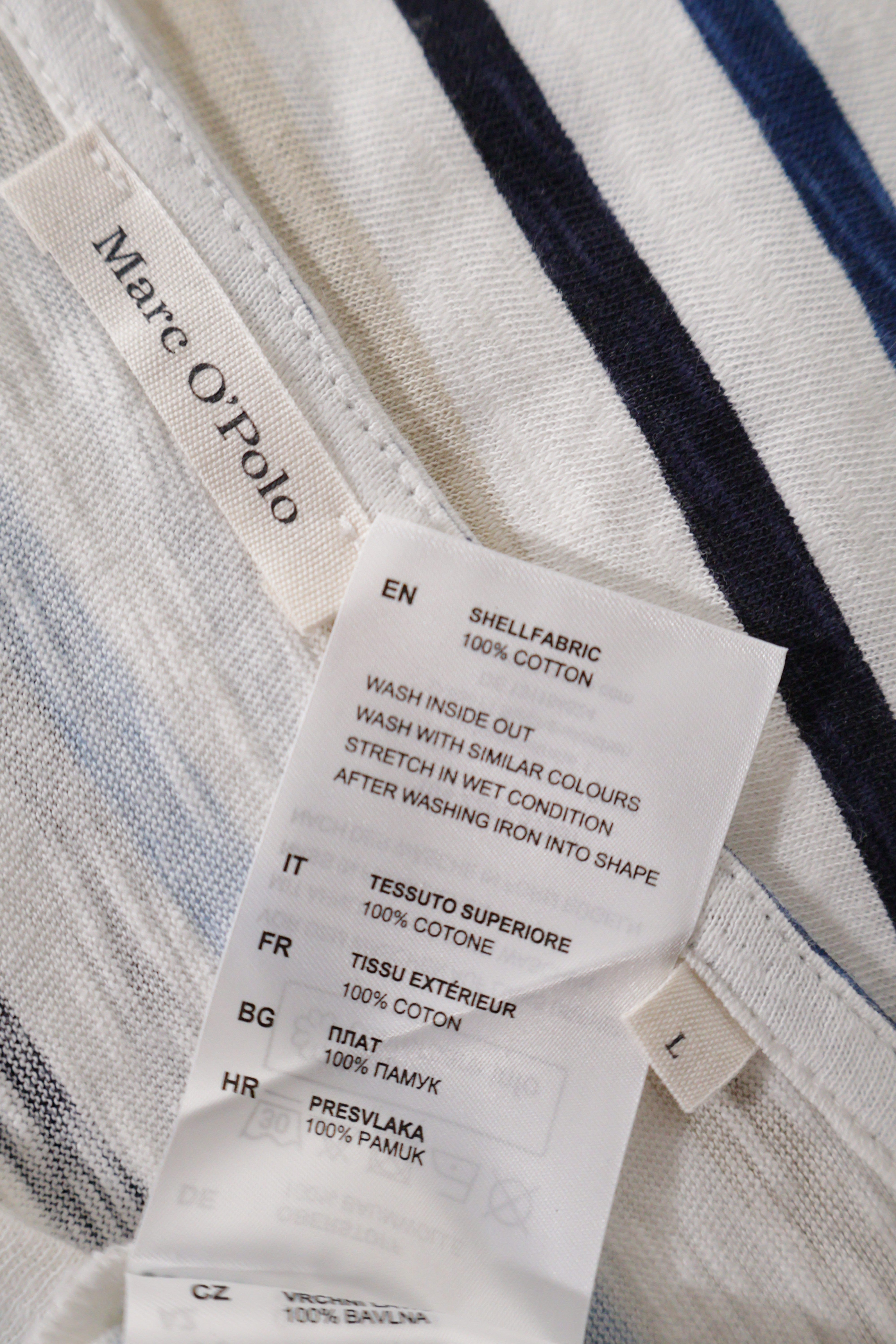 Eticheta marime si compozitie (rotita dreapta) - Tricou - Marc O'Polo alb cu dungi marine texturate – L – Femei