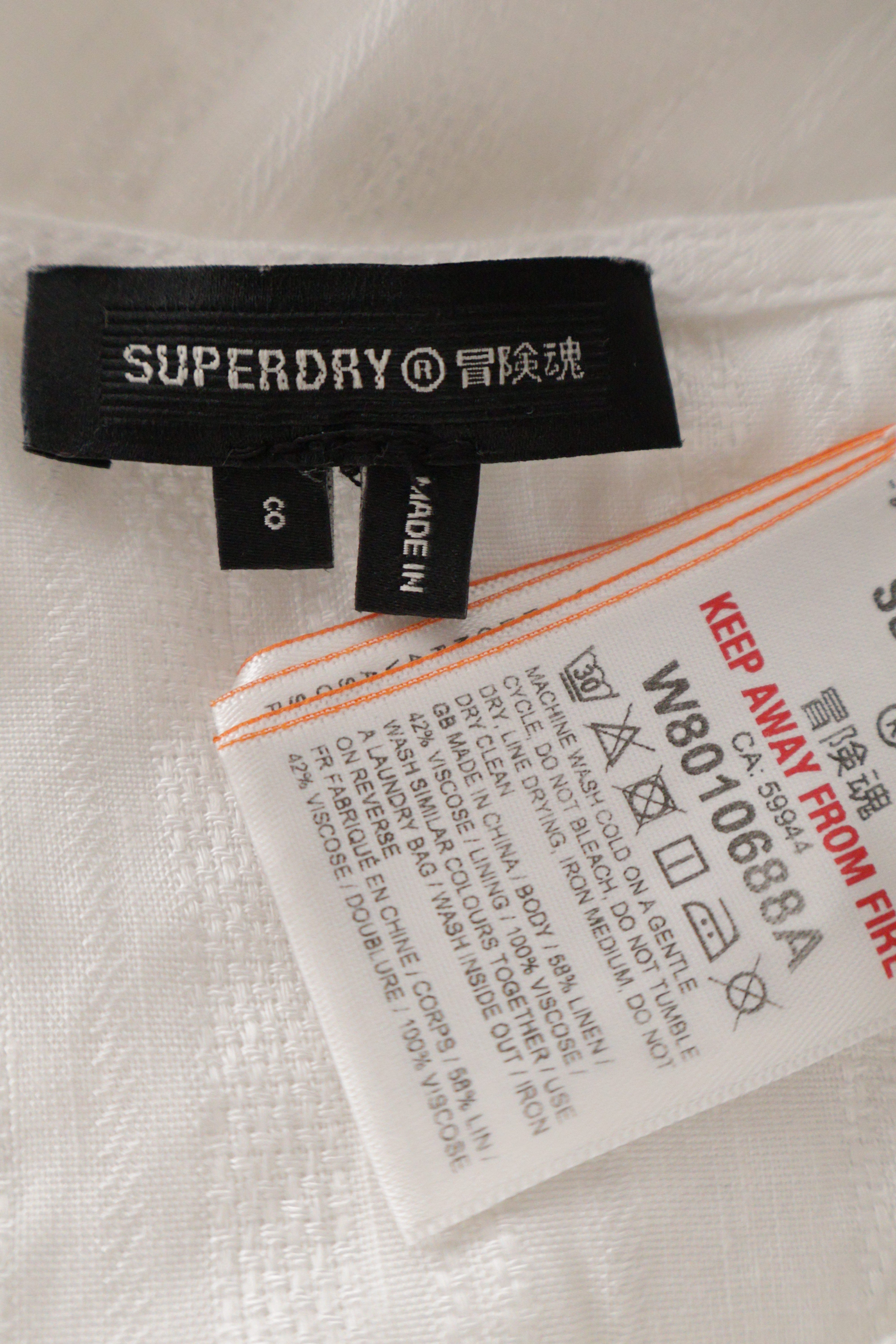 Eticheta marime si compozitie (rotita dreapta) - Rochie - Superdry albă din in si vascoza cu croială lejera – S – Femei
