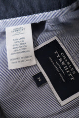 Eticheta marime si compozitie (rotita dreapta) - Pantaloni scurți - Charles Tyrwhitt bleumarin din in si bumbac cu croiala clasica – M – Bărbați