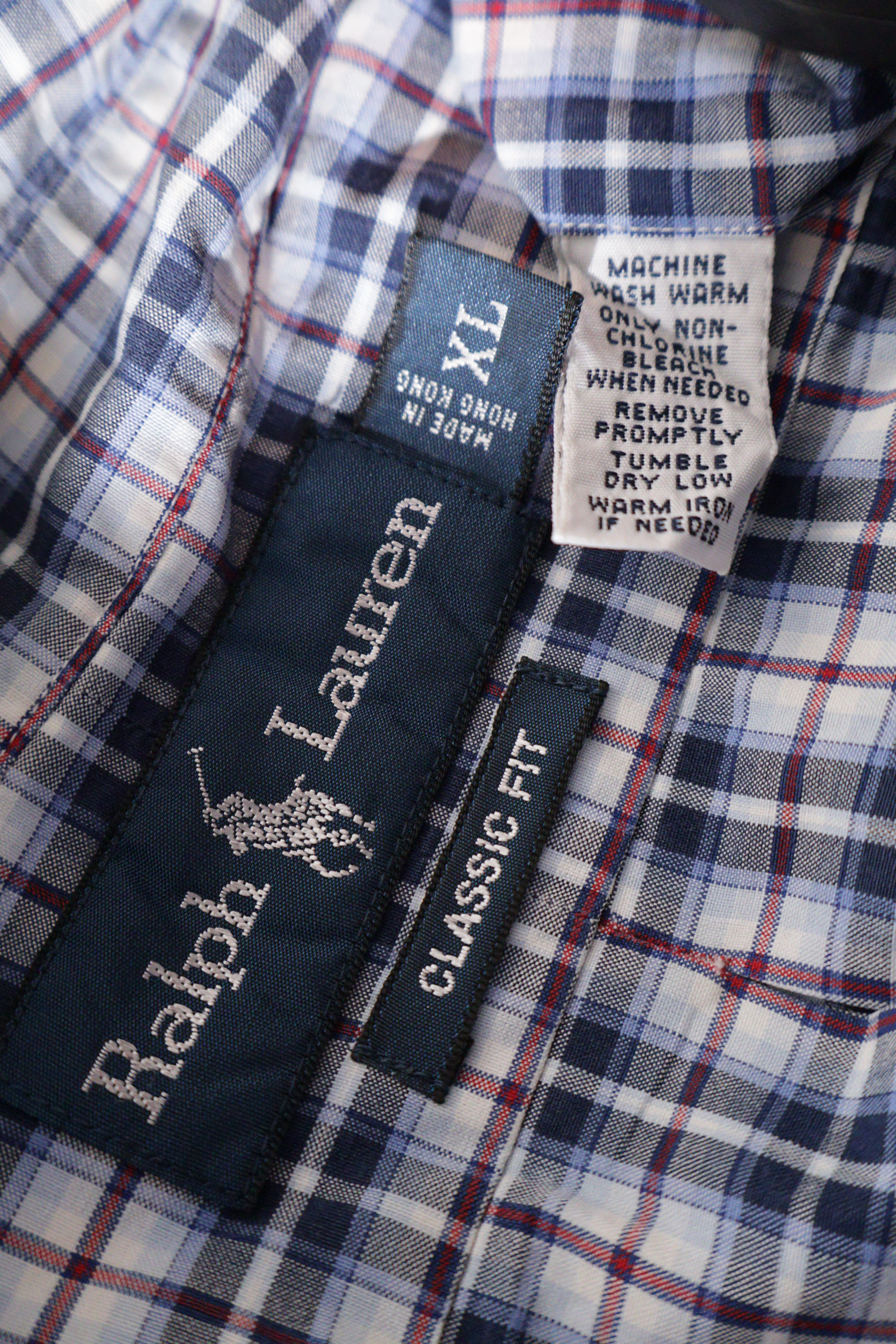 Eticheta marime si compozitie (rotita dreapta) - Cămașă - RALPH LAUREN albă cu carouri bleumarin și roșii, din bumbac – XL – Bărbați