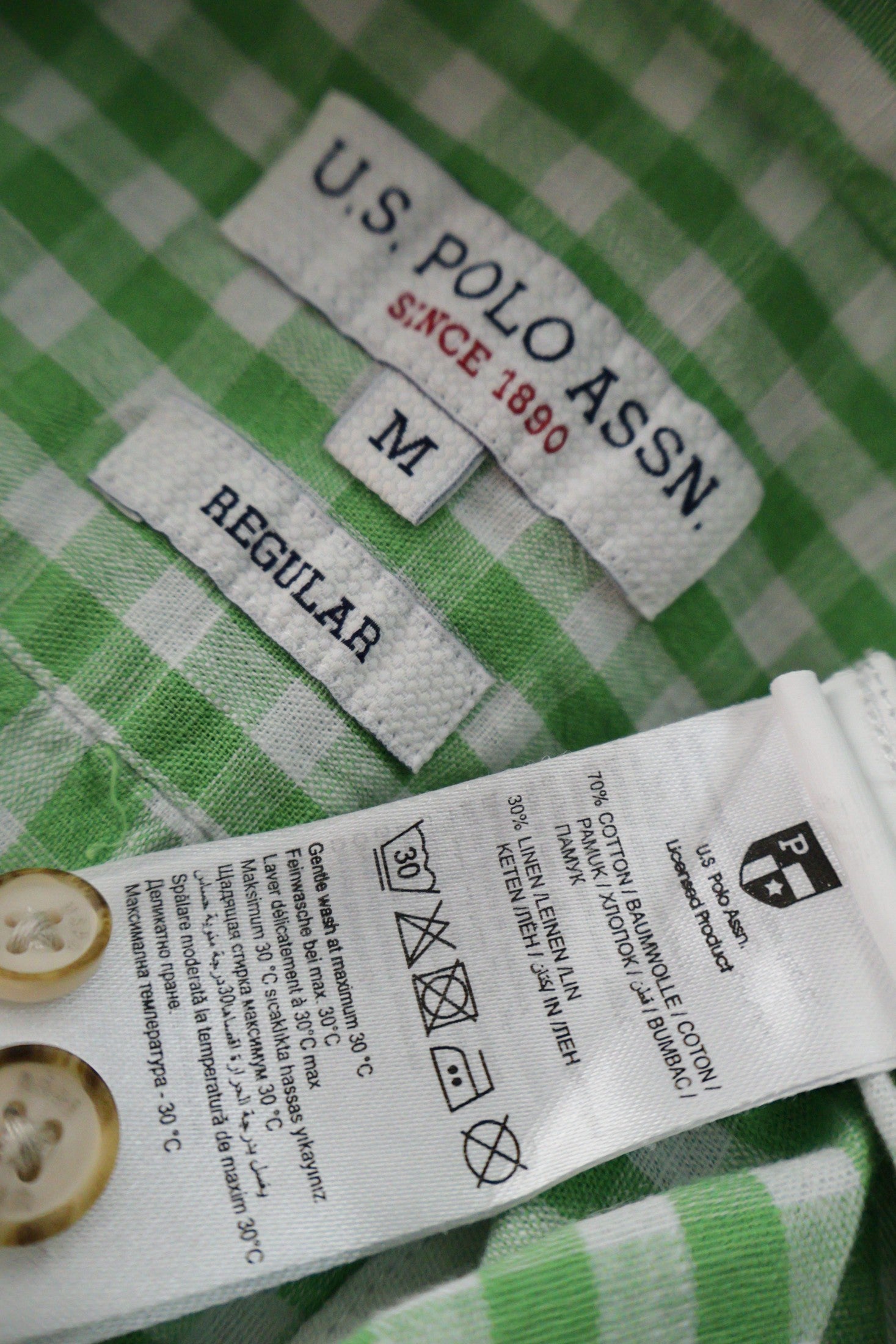 Camasa U.S. Polo Assn verde și alb mărime M etichetă mărime și compoziție second-hand premium