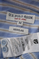 Camasa U.S. POLO ASSN albastru cu dungi albe si bej mărime M etichetă mărime și compoziție second-hand premium