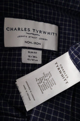 Camasa Charles Tyrwhitt bleumarin cu carouri fine albe mărime L etichetă mărime și compoziție second-hand premium