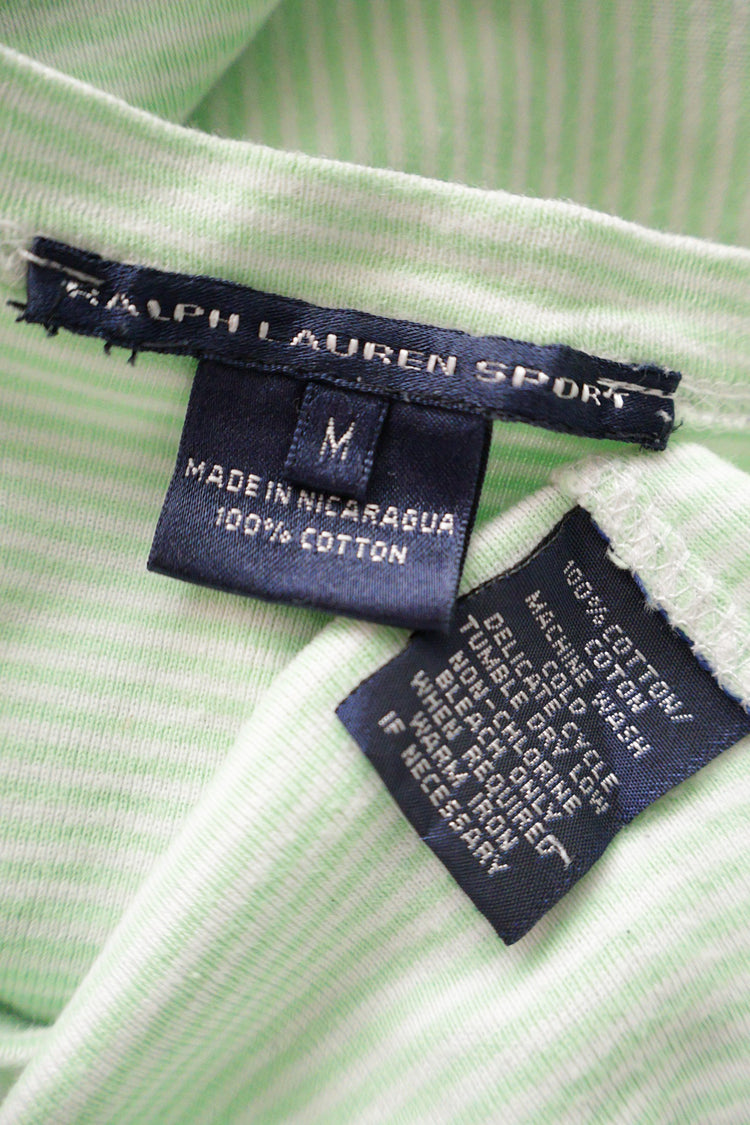Tricou Ralph Lauren verde deschis cu dungi albe mărime M etichetă mărime și compoziție second-hand premium