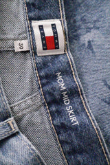 Fusta Tommy Hilfiger albastru denim cu imprimeu tropical estompat mărime L etichetă mărime și compoziție second-hand premium