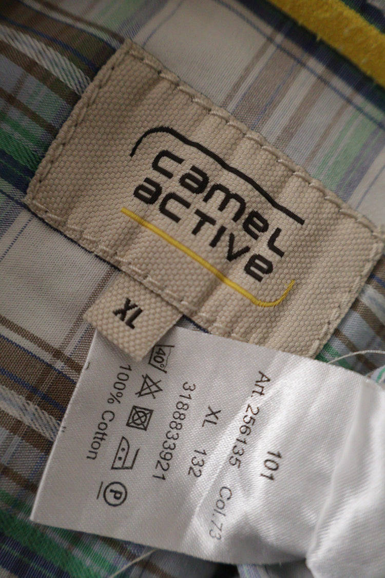 Camasa Camel Active alb cu carouri bej, verde si albastru mărime XL etichetă mărime și compoziție second-hand premium