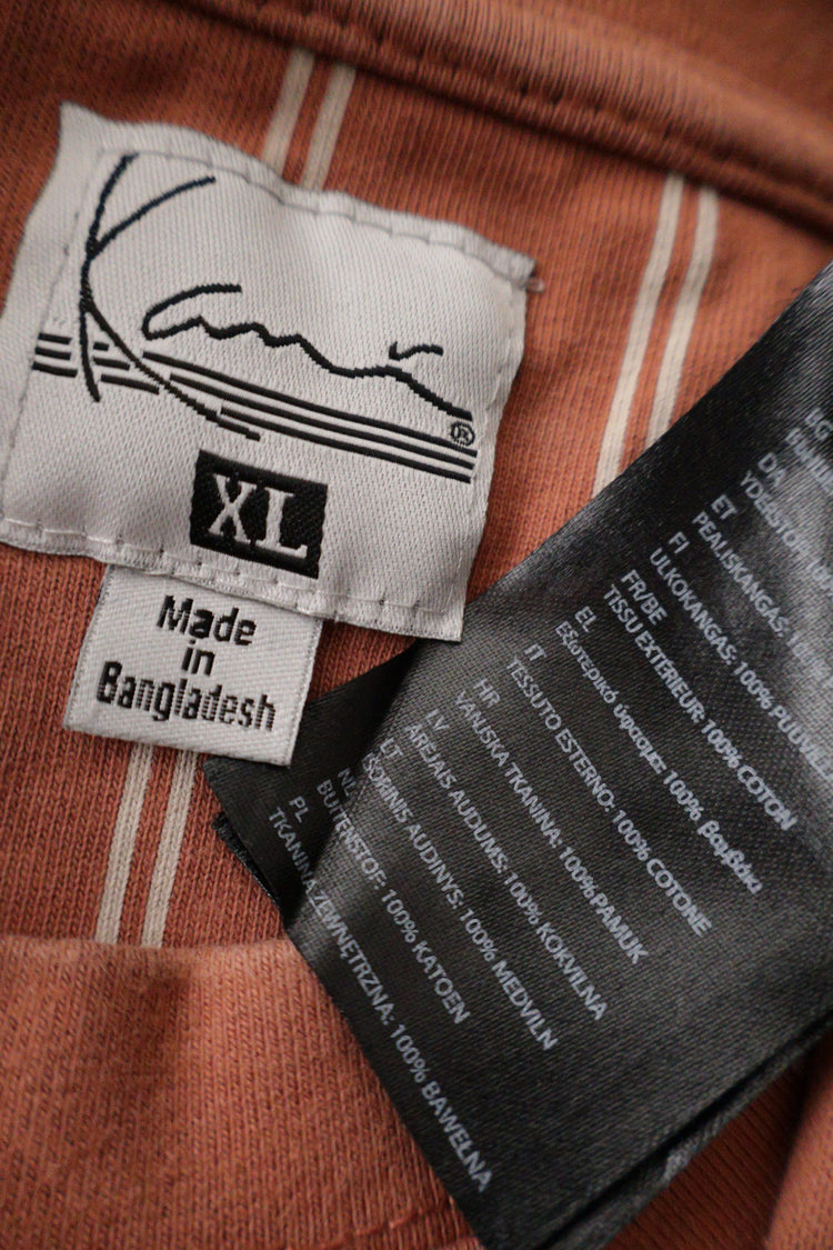 Tricou Karl Kani somon/portocaliu pal cu dungi albe mărime XL etichetă mărime și compoziție second-hand premium