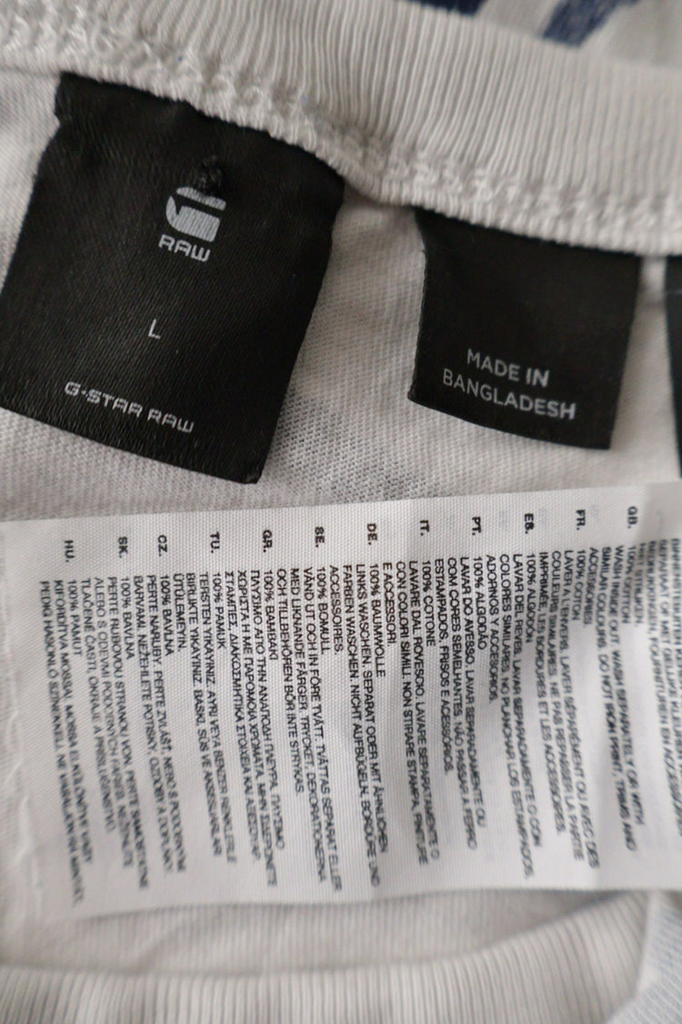 Tricou G-STAR alb cu print albastru mărime L etichetă mărime și compoziție second-hand premium