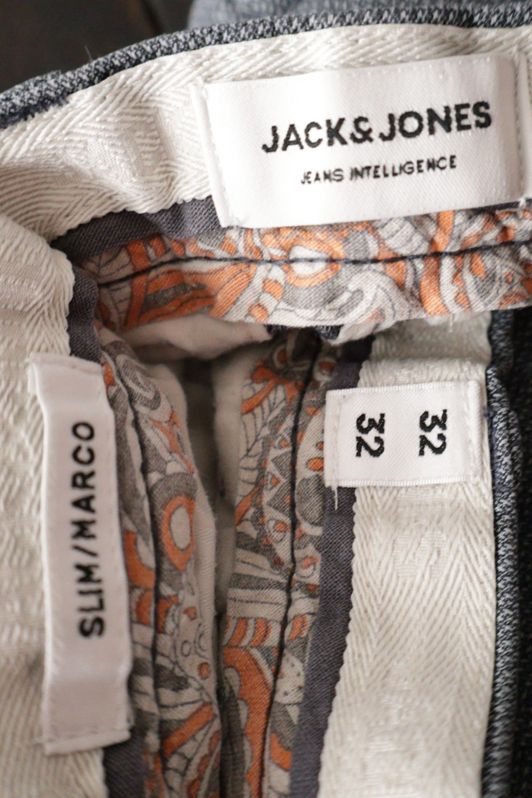 Pantaloni JACK&JONES gri mărime M etichetă mărime și compoziție second-hand premium