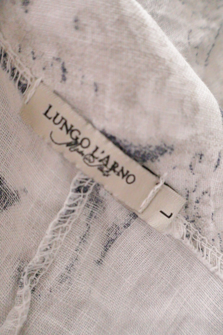 Bluza LUNGO LARNO alb cu imprimeu gri-violet mărime L etichetă mărime și compoziție second-hand premium