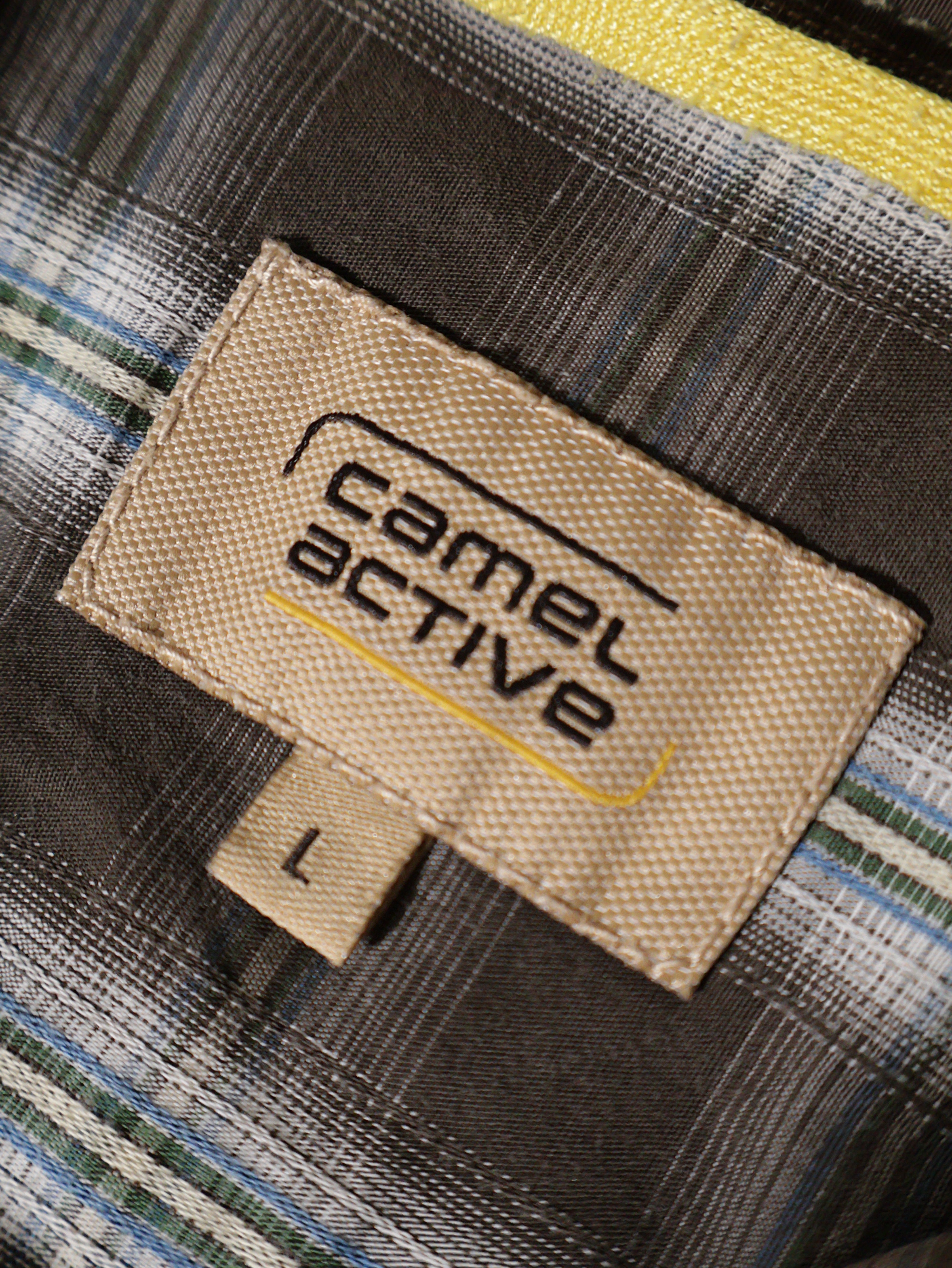 Eticheta marime si compozitie (rotita dreapta) - Cămașă Camel carouri maro cu accente bleu – L – Bărbați