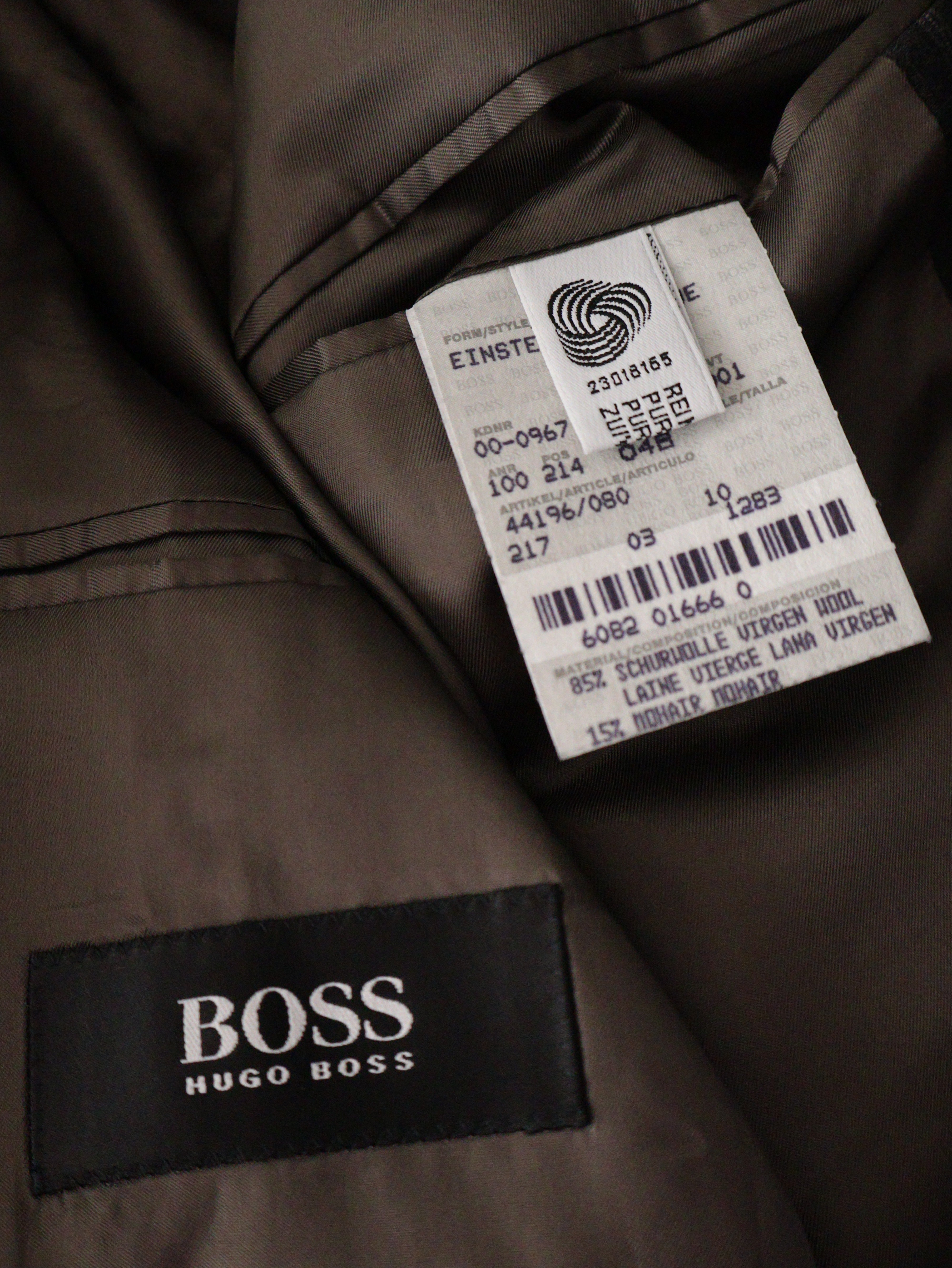 Eticheta marime si compozitie (rotita dreapta) - Sacou BOSS Hugo Boss cu dungi fine diplomat – M – Bărbați