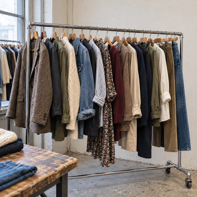 Imagine de inspirație: un stander cu sacouri, cămăși, tricotaje și denim, atent aranjate într-un atelier