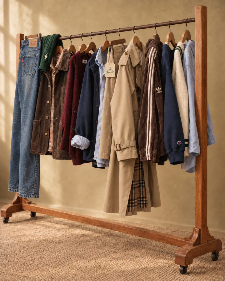 Inspirație pentru întreaga selecție: haine Vintage, Smart, Premium, Luxury și Sport pe suportul vechi din lemn, văzut din lateral, cu denim, tricotaje, cămăși și trench bej.