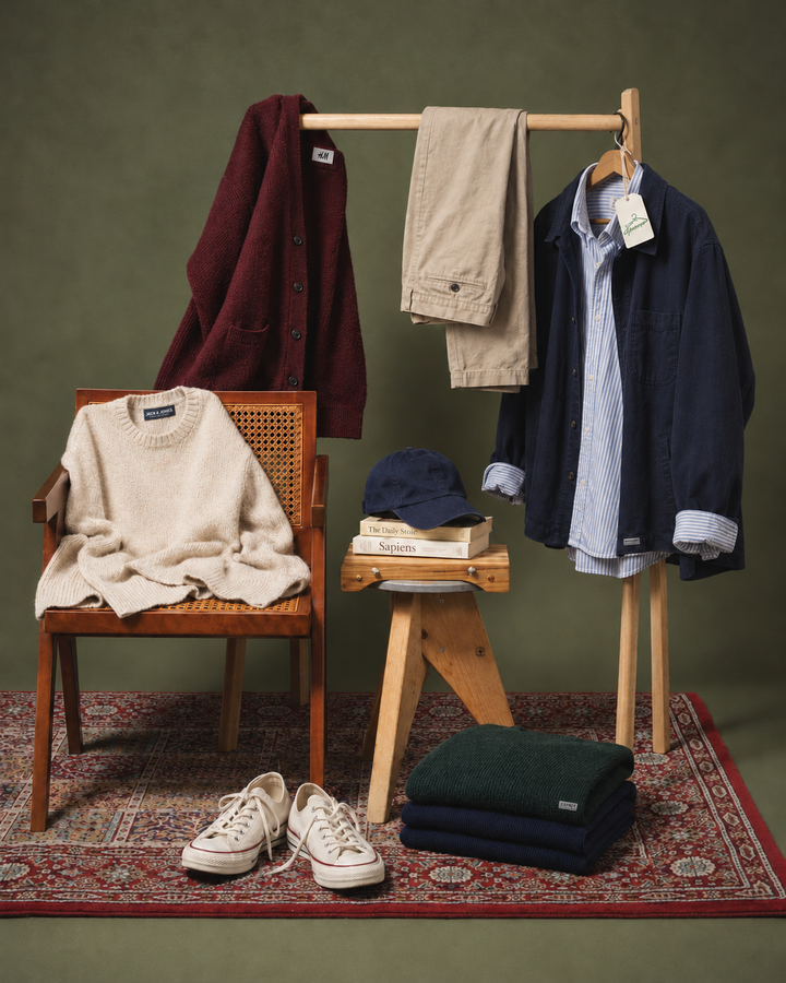 Inspirație Smart: cardigan vișiniu, cămașă în dungi, chinos și tricotaje de zi cu zi, cu etichete discrete de branduri accesibile.