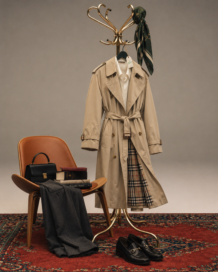Inspirație Luxury: trench cu căptușeală în carouri, cămașă ivory și croitorie în tonuri închise, pe suport din alamă.